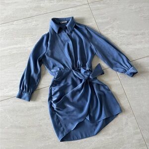 Zara Blue Satin Tie-Waist Mini Shirt Dress
